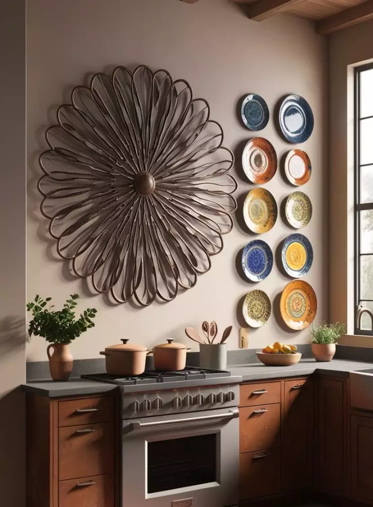 Metal sunflower sculpture and colorful plate grid on a kitchen wall above the stove