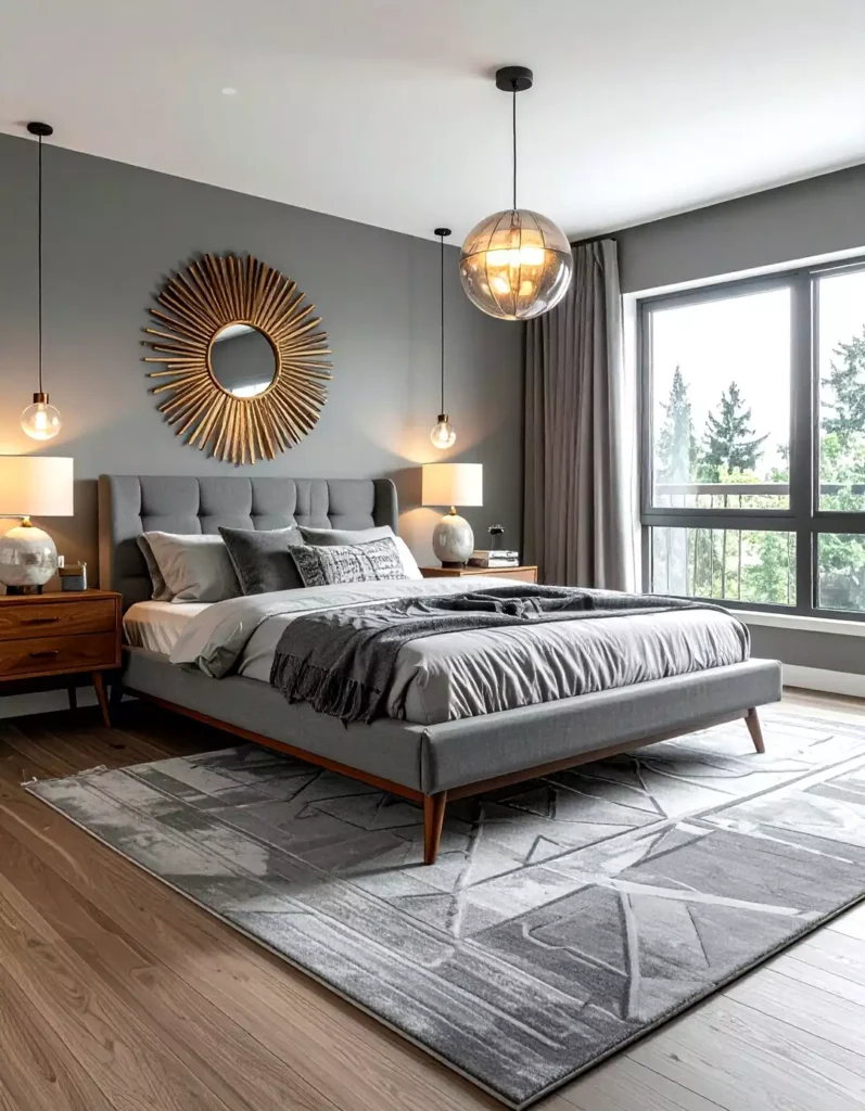 Mid-century modern grey bedroom wall with a gold sunburst mirror over a tufted bed