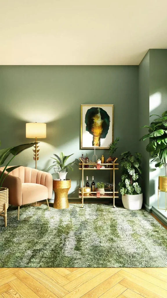 Mid-century modern living room decor with sage green wall, peach velvet chair and gold bar cart