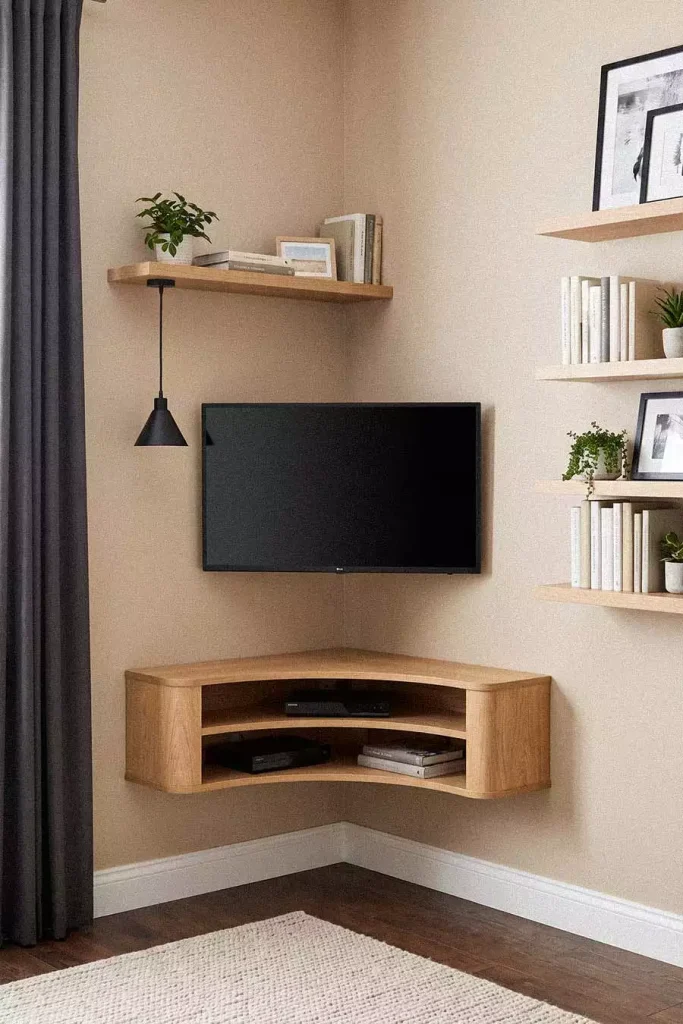 Minimalist Corner TV Wall with Curved Floating Console and Pendant Light