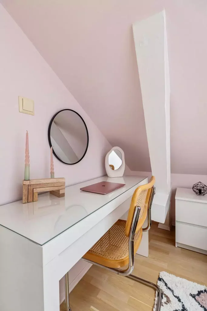 Minimalist Pink Wall Decor Desk Nook With A Round Mirror And Candles