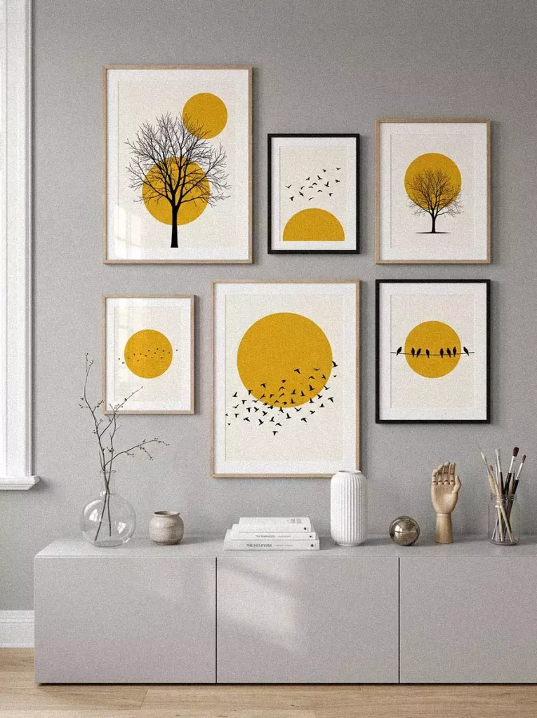 Minimalist Sun And Bird Wall Art Decor Gallery In Grey Living Room