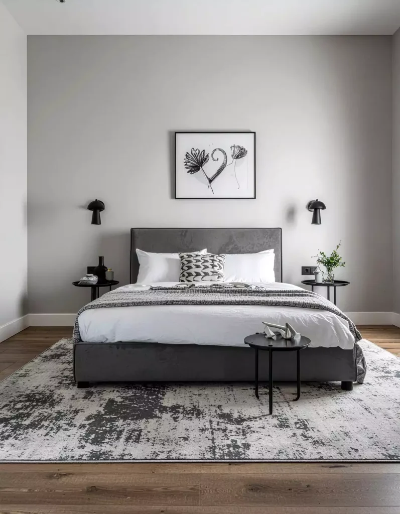 Minimalist grey bedroom wall with charcoal upholstered bed and framed botanical line art