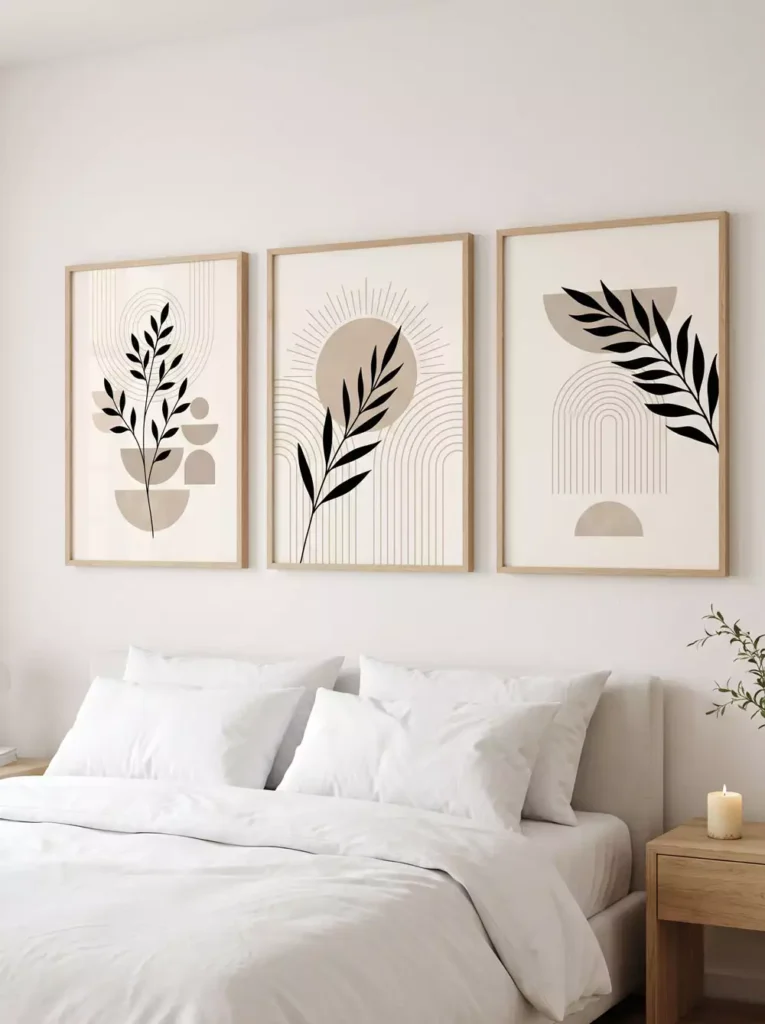 Minimalist leaf line art triptych as neutral over the bed wall decor