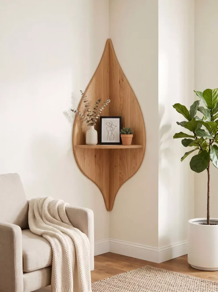 Minimalist leaf shaped wooden Corner Wall Decor with line art frame, eucalyptus vase and succulent