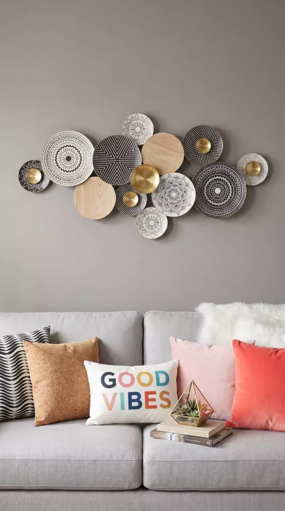 Mixed wood and patterned plate wall decor with gold accents above a gray sofa