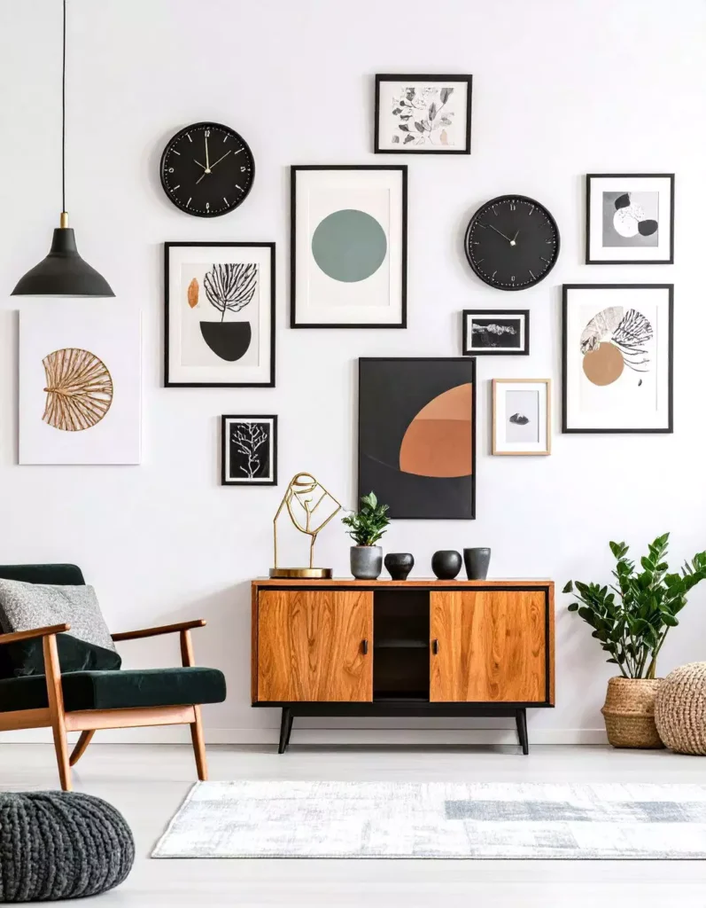 Mixed frame and wall clock gallery above a mid century modern sideboard