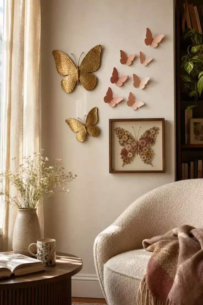 Mixed gold and blush Butterfly Wall arrangement beside a floral-pressed frame