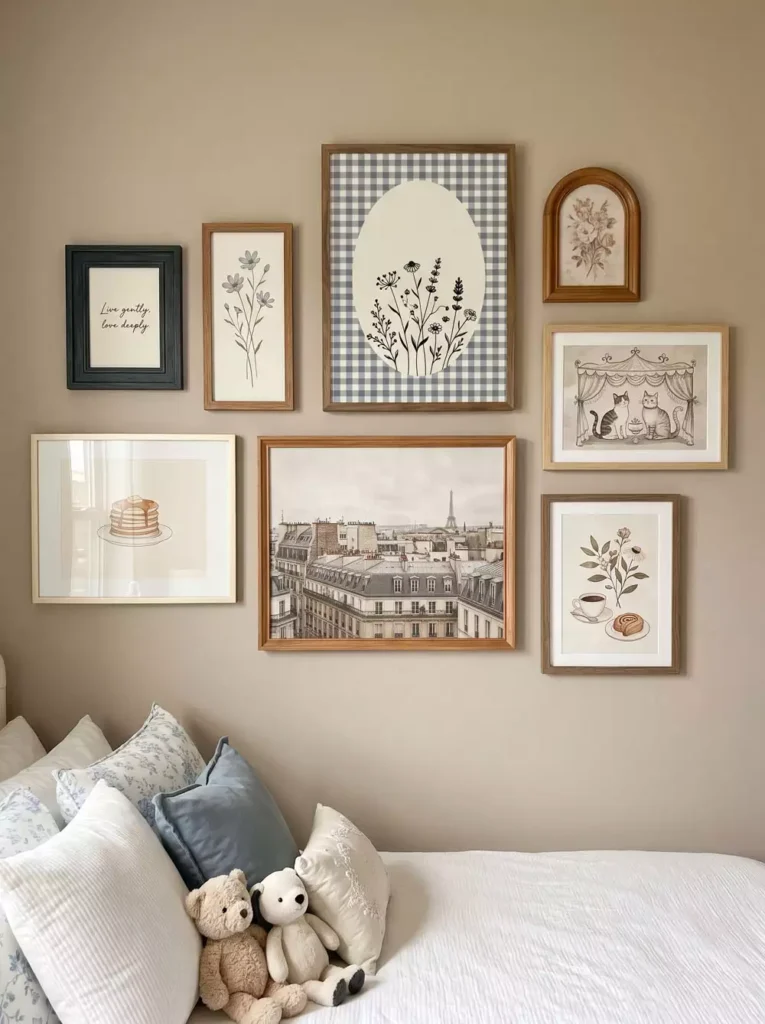Mixed vintage-style prints creating a cozy over the bed wall decor gallery