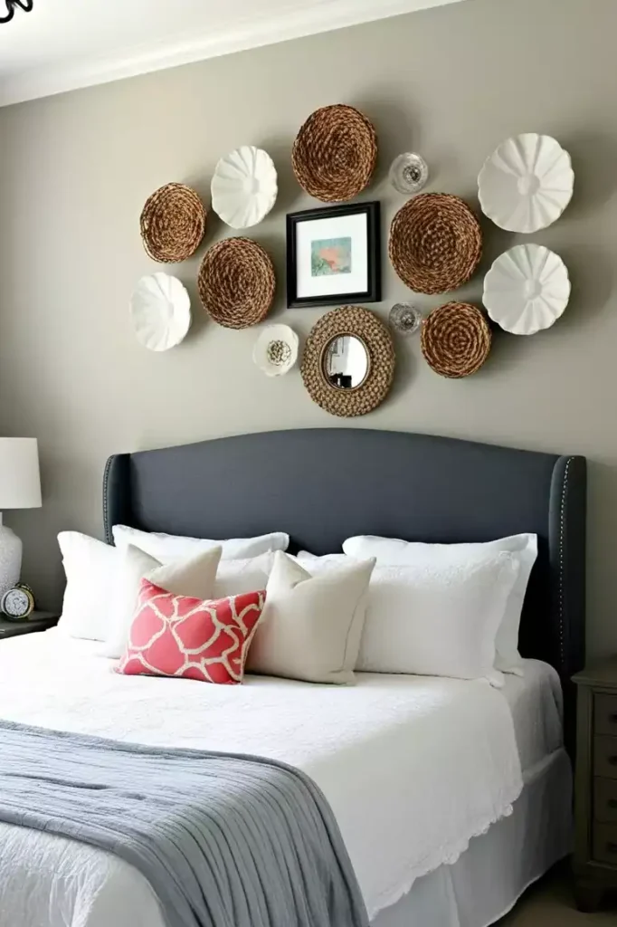 Mixed woven baskets and plates arranged as eclectic over the bed wall decor above a navy headboard