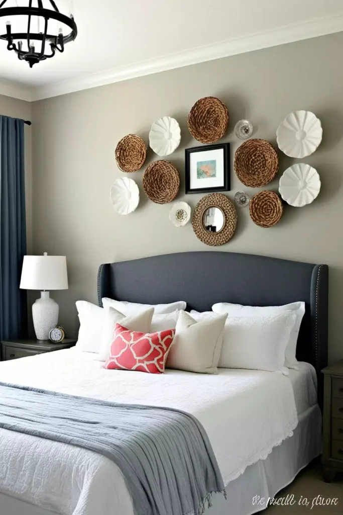 Mixed woven baskets and plates arranged as eclectic over the bed wall decor above a navy headboard