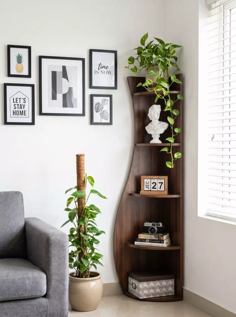 Modern dark wood curved Corner Wall Decor with trailing pothos, bust statue, books and gallery wall art