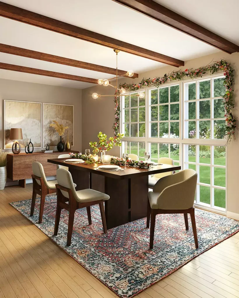 Modern farmhouse dining room decor with wooden table, floral garland and patterned area rug