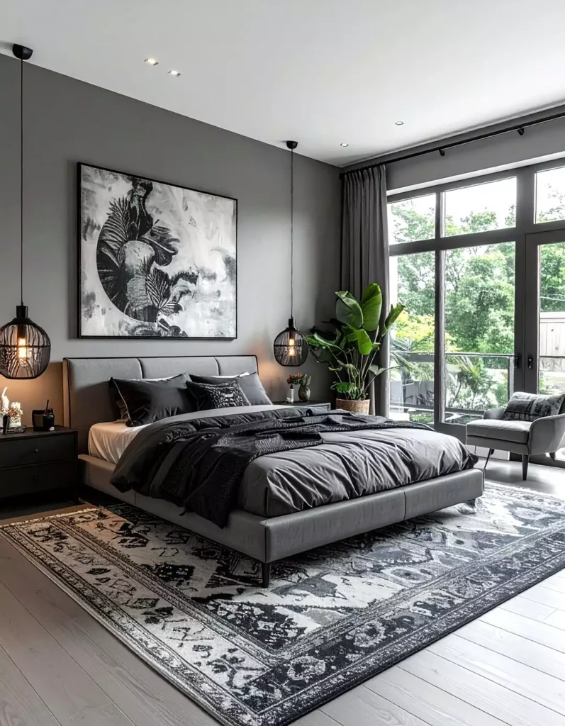Modern grey bedroom wall with black wire pendant lighting and a bold abstract print