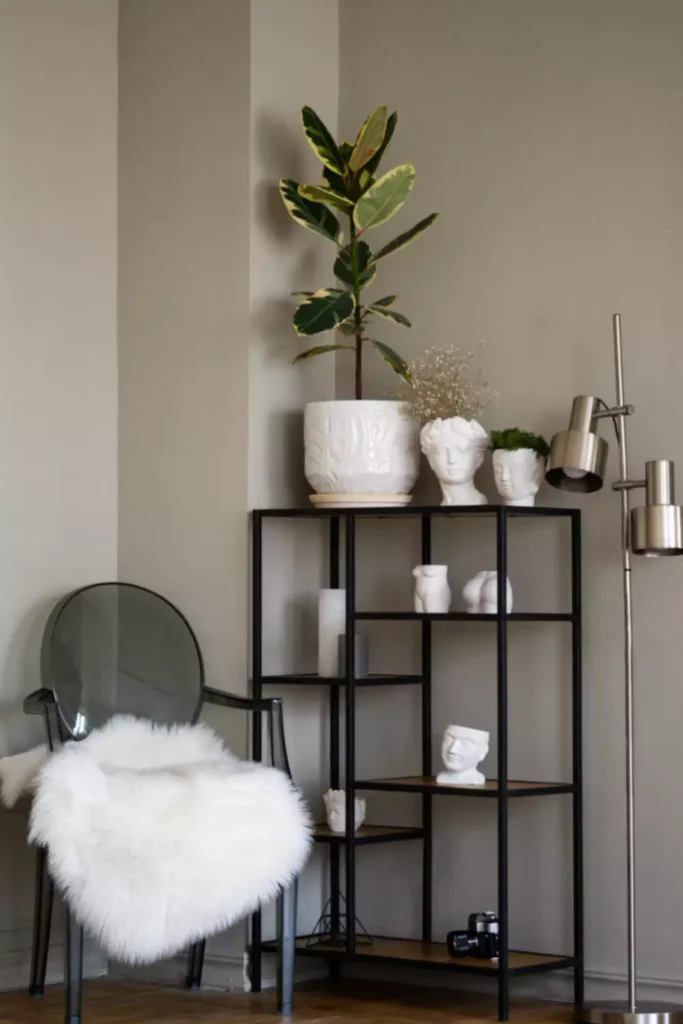 Modern living room corner decor with a black open shelf, plaster busts, a tall plant, and a fur chair
