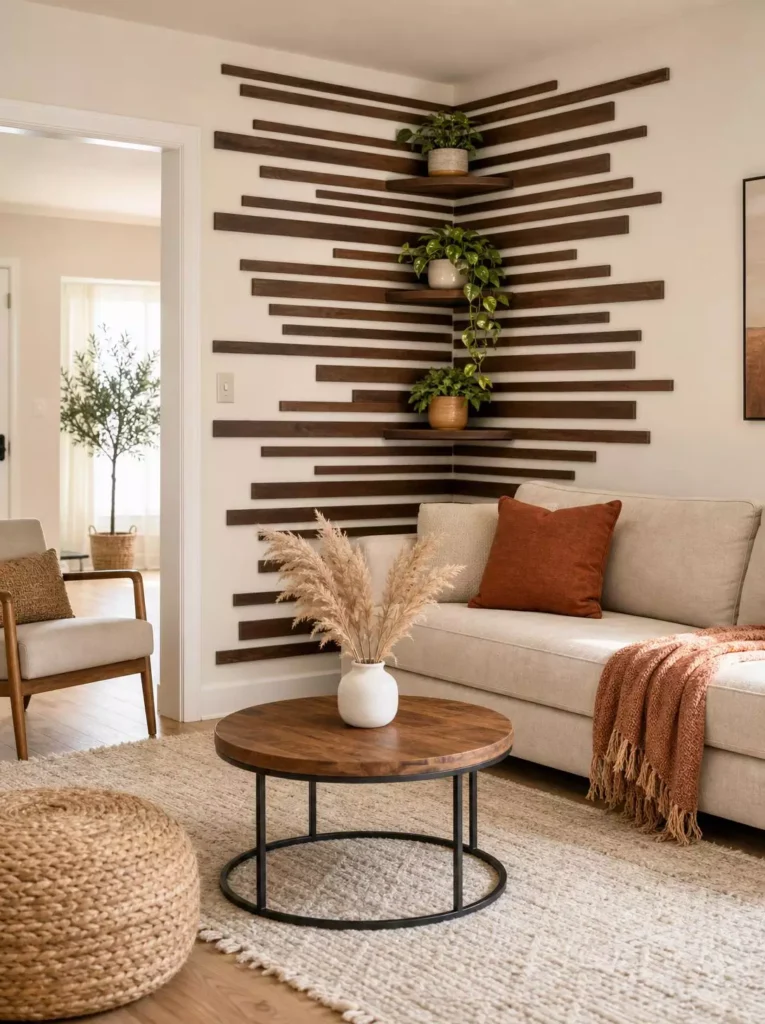Modern slatted wood Corner Wall Decor with accent wall, floating corner shelves and pothos plants