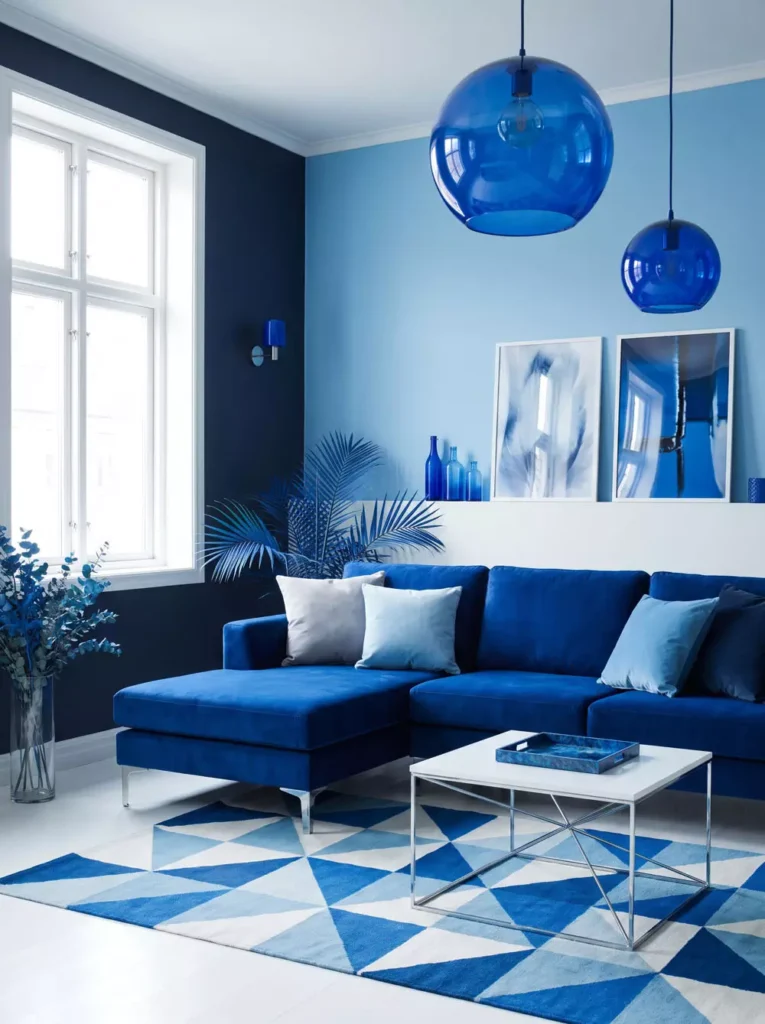 Monochromatic Blue Living Room With Glass Globe Pendants And A Geometric Rug