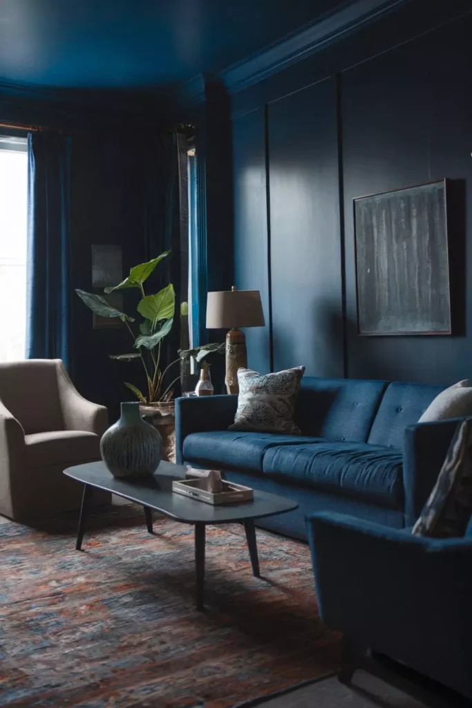 Moody Dark Blue Living Room With A Vintage Patterned Rug