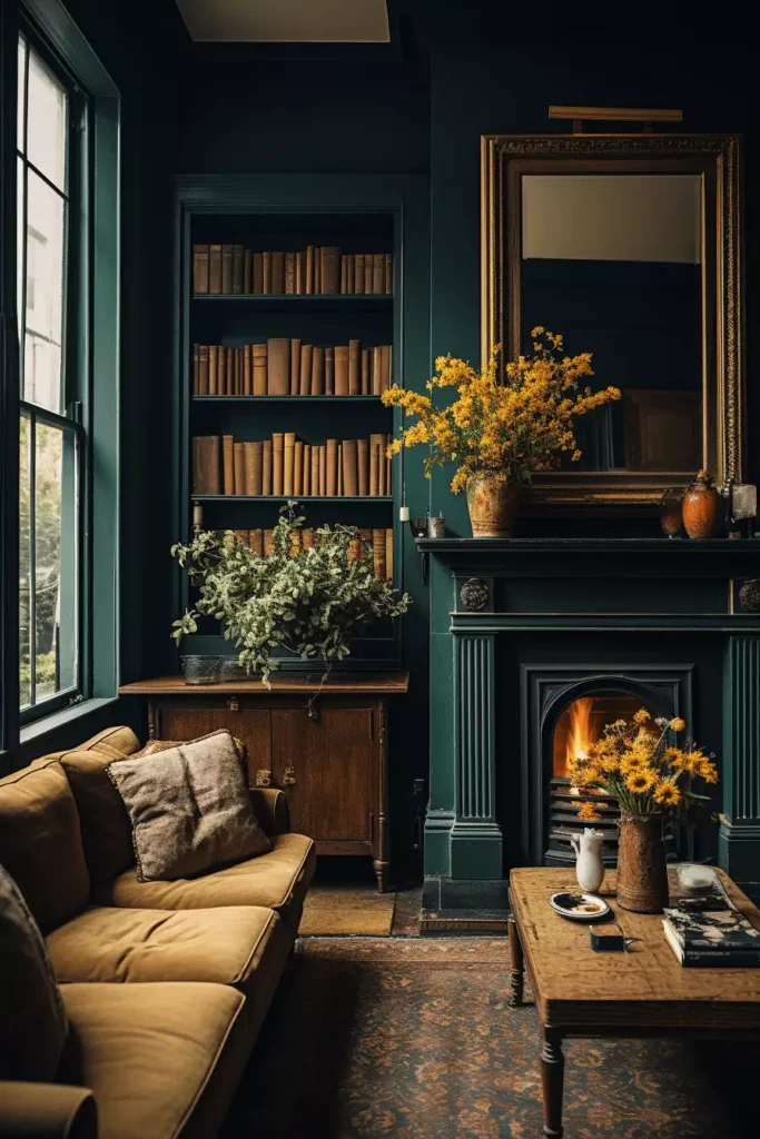 Moody dark green walls in a library room with fireplace, books, and a mustard sofa