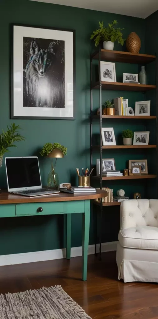 Moody green wall office with a wildlife art print and ladder bookshelf