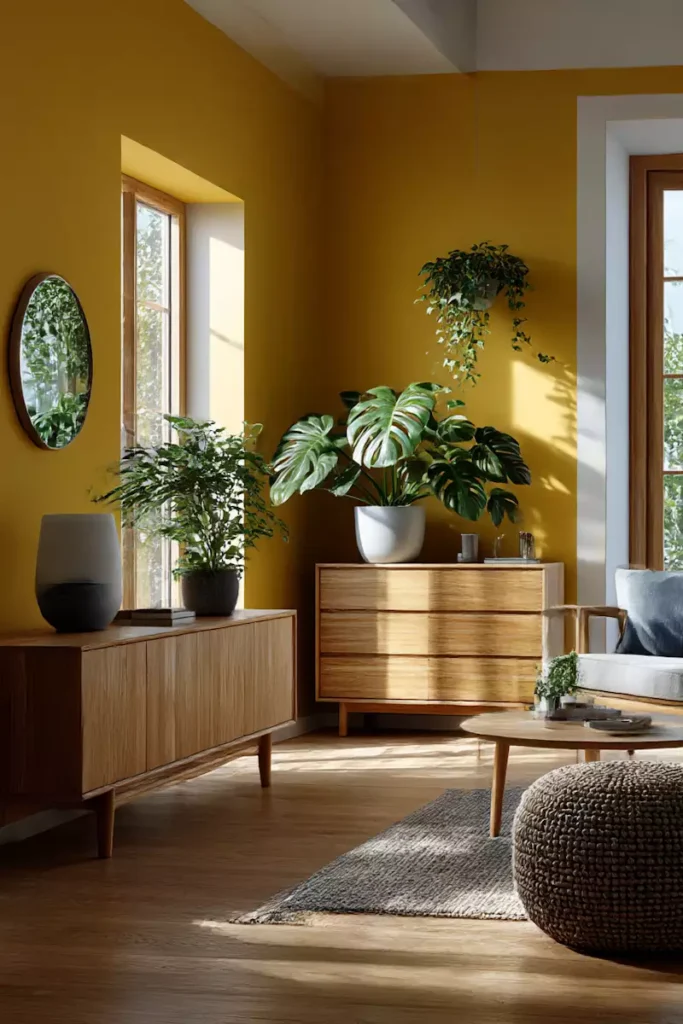 Mustard living room corner with hanging plant wall decor, an oval mirror, oak cabinets, and a monstera