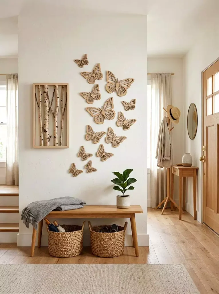 Natural wood cutout Butterfly Wall grouping above an entryway bench