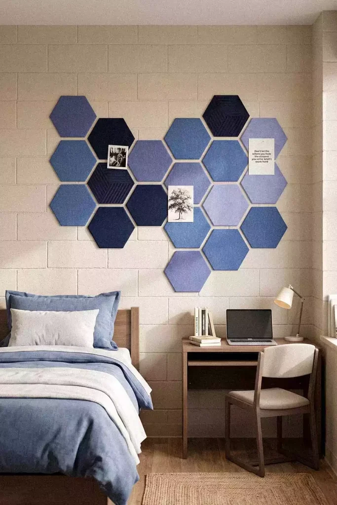 Navy And Blue Hexagon Felt Boards As Dorm Wall Decor Above A Twin Bed And Small Study Desk