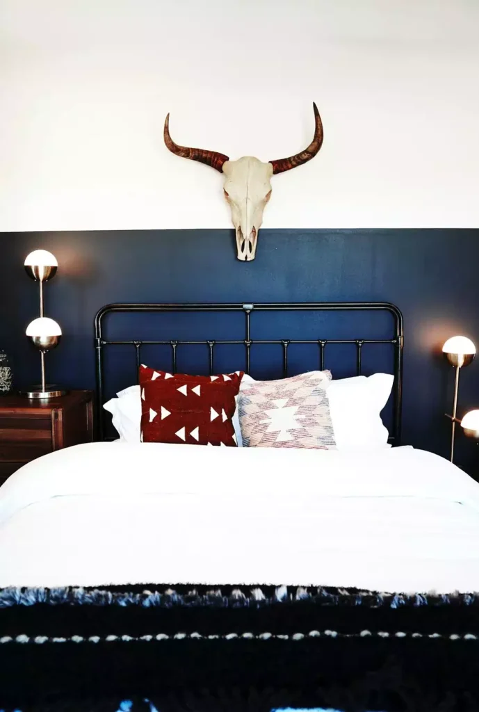 Navy Behind The Bed Wall Decor With A Statement Cow Skull Mount