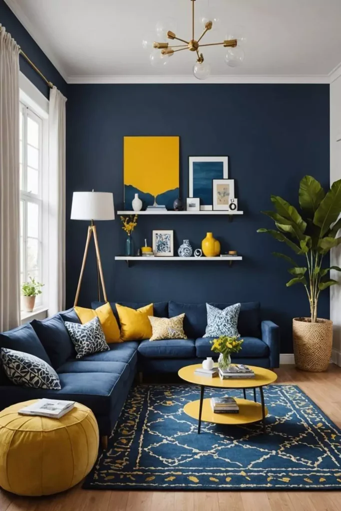 Navy Blue Accent Wall Living Room With Yellow Velvet Sofa And Gold Sputnik Chandelier