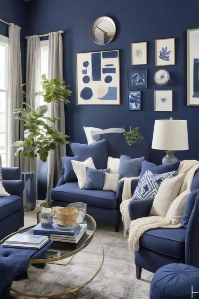 Navy Blue Living Room Wall Styled With A Gallery Shelf And Tufted Blue Armchairs