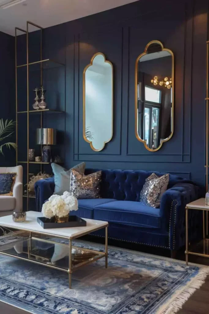 Navy Blue Living Room Wall With A Tufted Sofa And Gold Framed Mirrors
