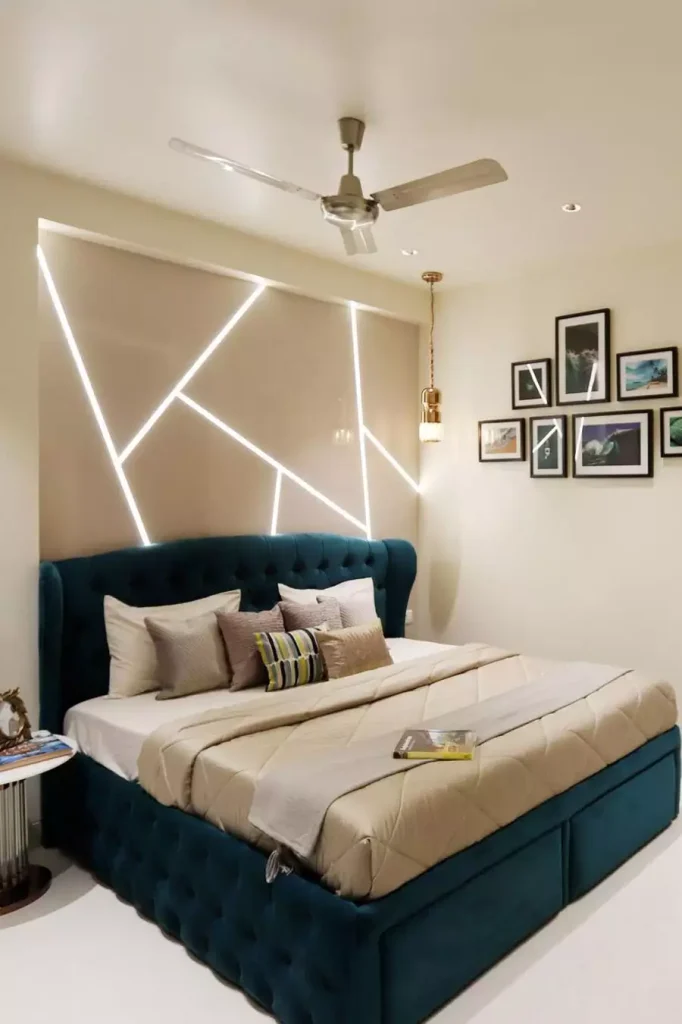Navy Tufted Headboard With String Lights And Gallery Photos