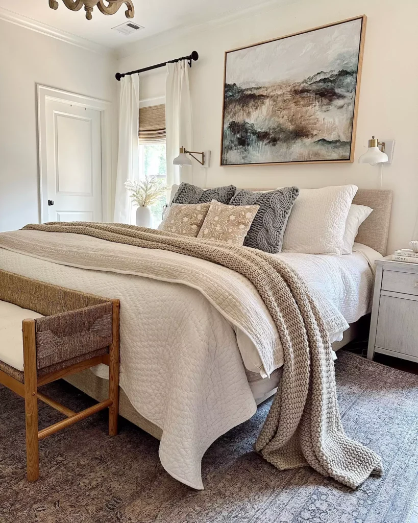 Neutral bedroom with abstract framed art as over the bed wall decor above a beige upholstered bed