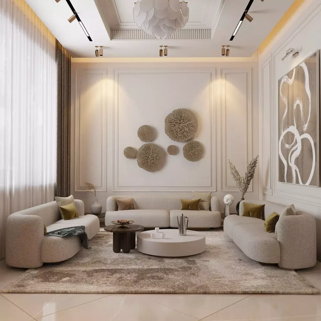 Neutral living room with sculptural coral-inspired wall art and abstract canvas