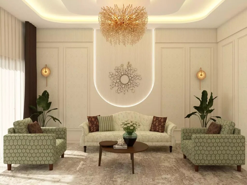 Neutral luxury living room with a sunburst mirror as minimalist Indian wall decor accent