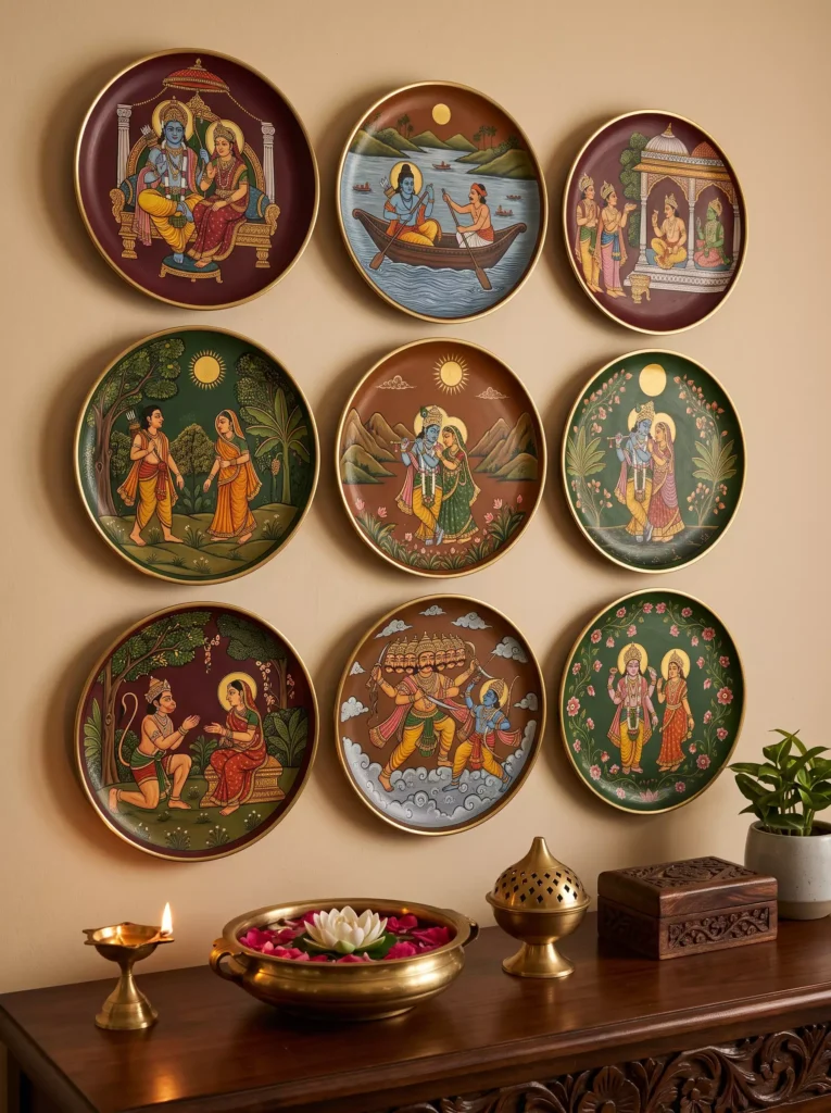 Nine round hand painted Indian wall decor plates depicting Ramayana and Krishna scenes above a carved console table