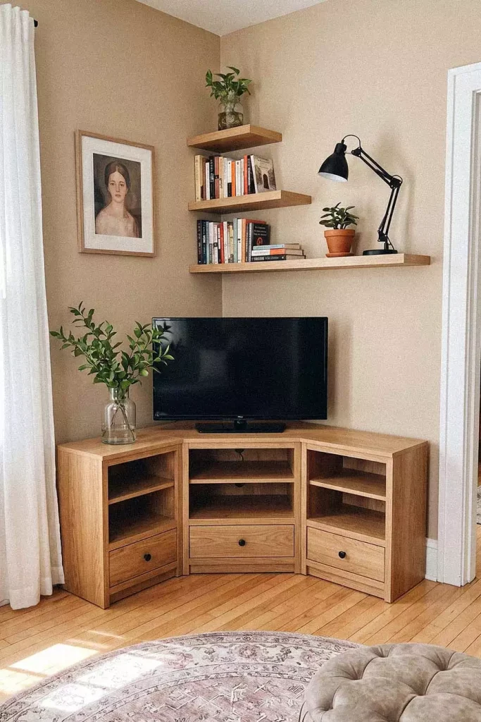 Oak Corner TV Wall Unit Paired With A Floating Book Shelf