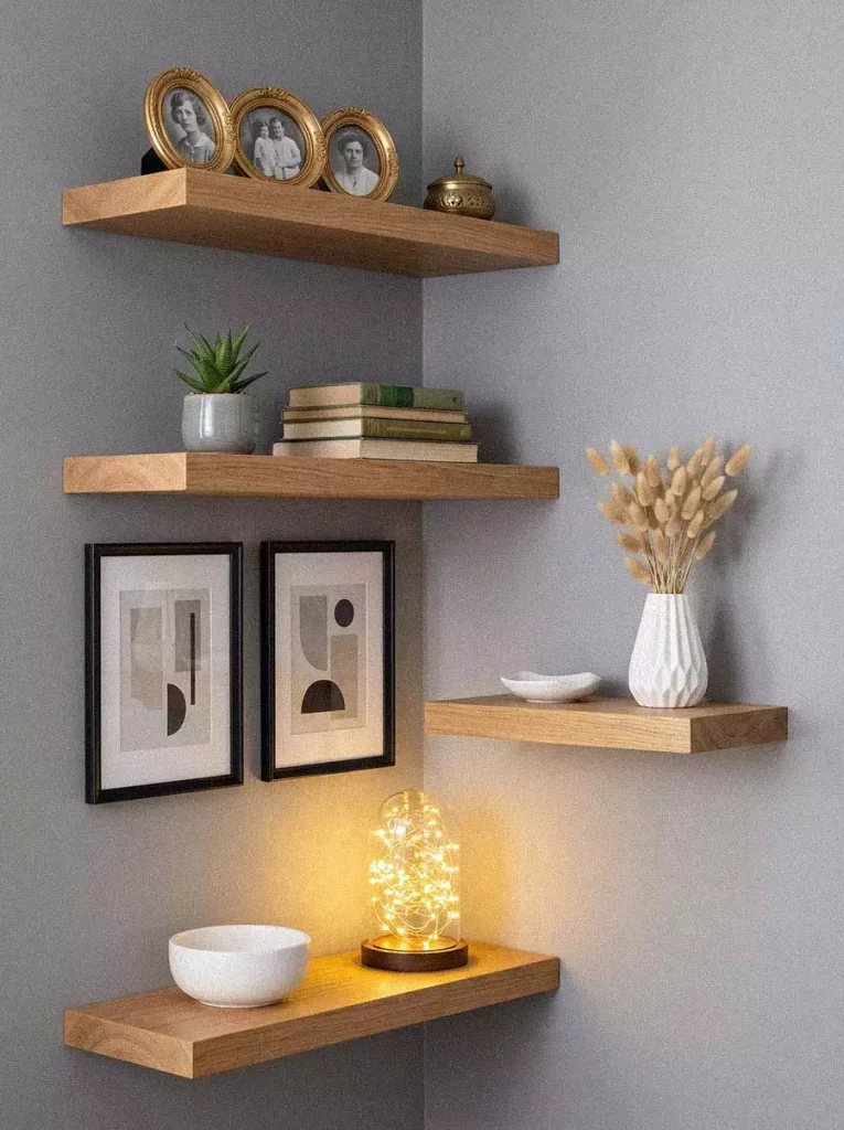 Oak Floating Wall Shelf Decor Lit With Delicate Fairy Lights