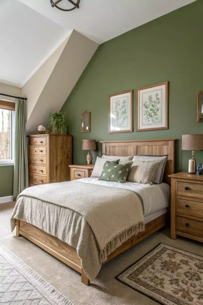 Olive green wall bedroom with oak furniture, botanical prints, and a sloped ceiling