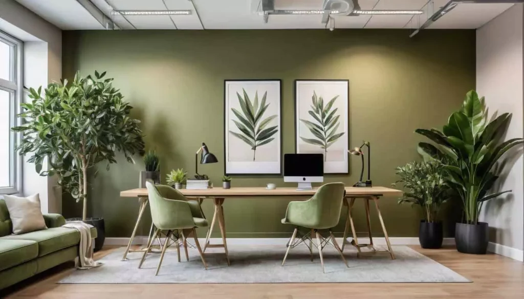 Olive green wall office nook with botanical prints and an iMac desk setup