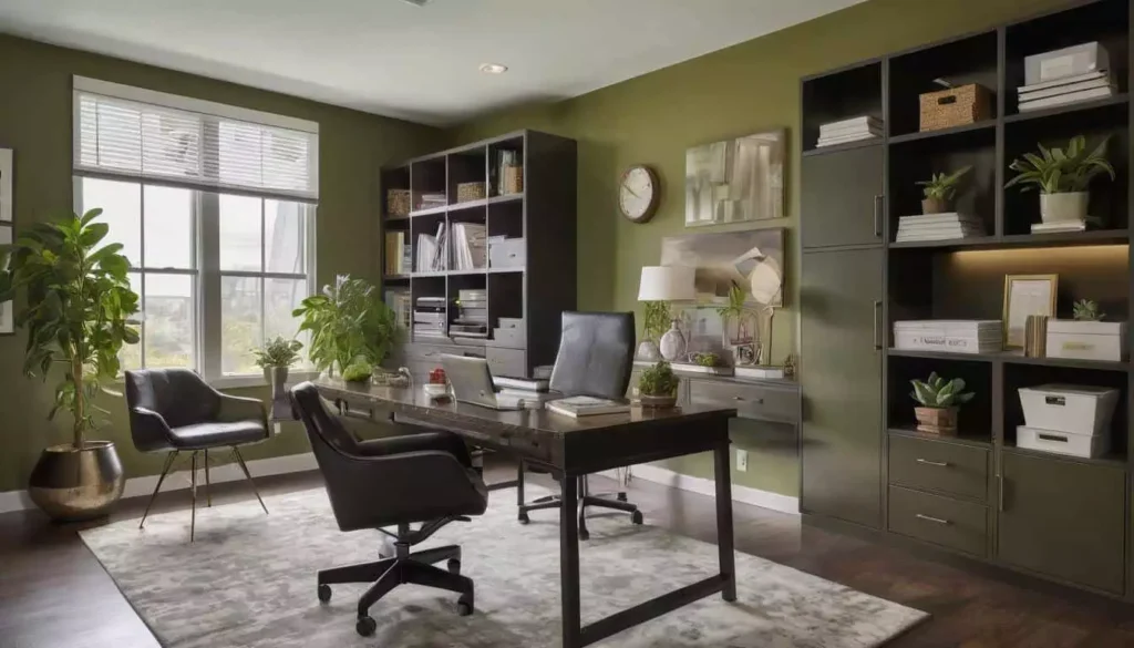 Olive green wall office with built-in cabinetry and black leather desk chairs