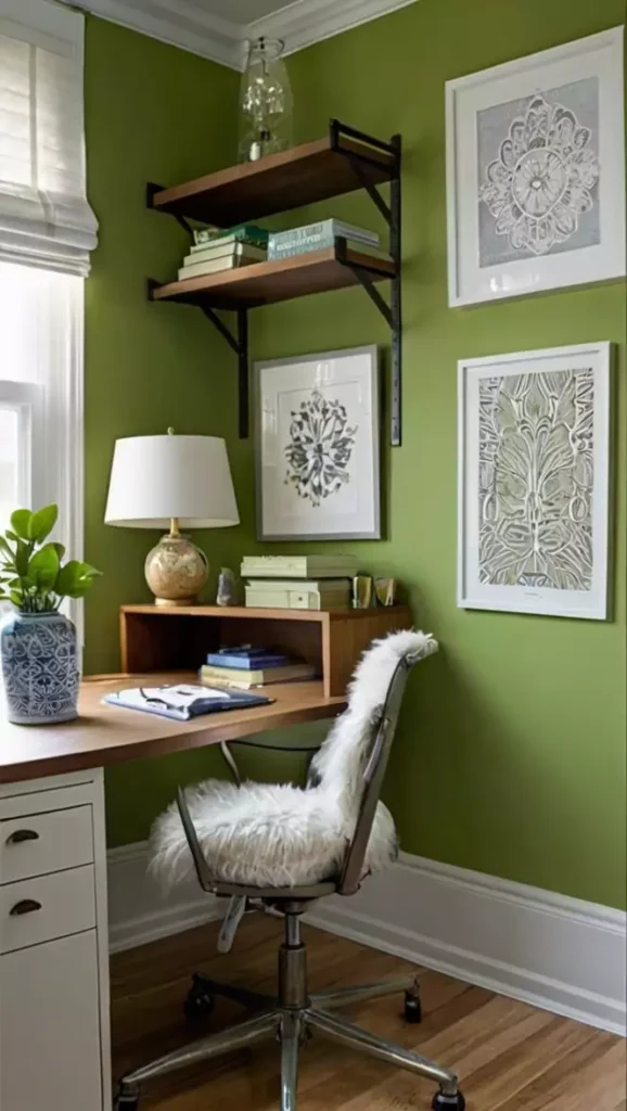 Olive green wall office with floating wood shelves and patterned wall art