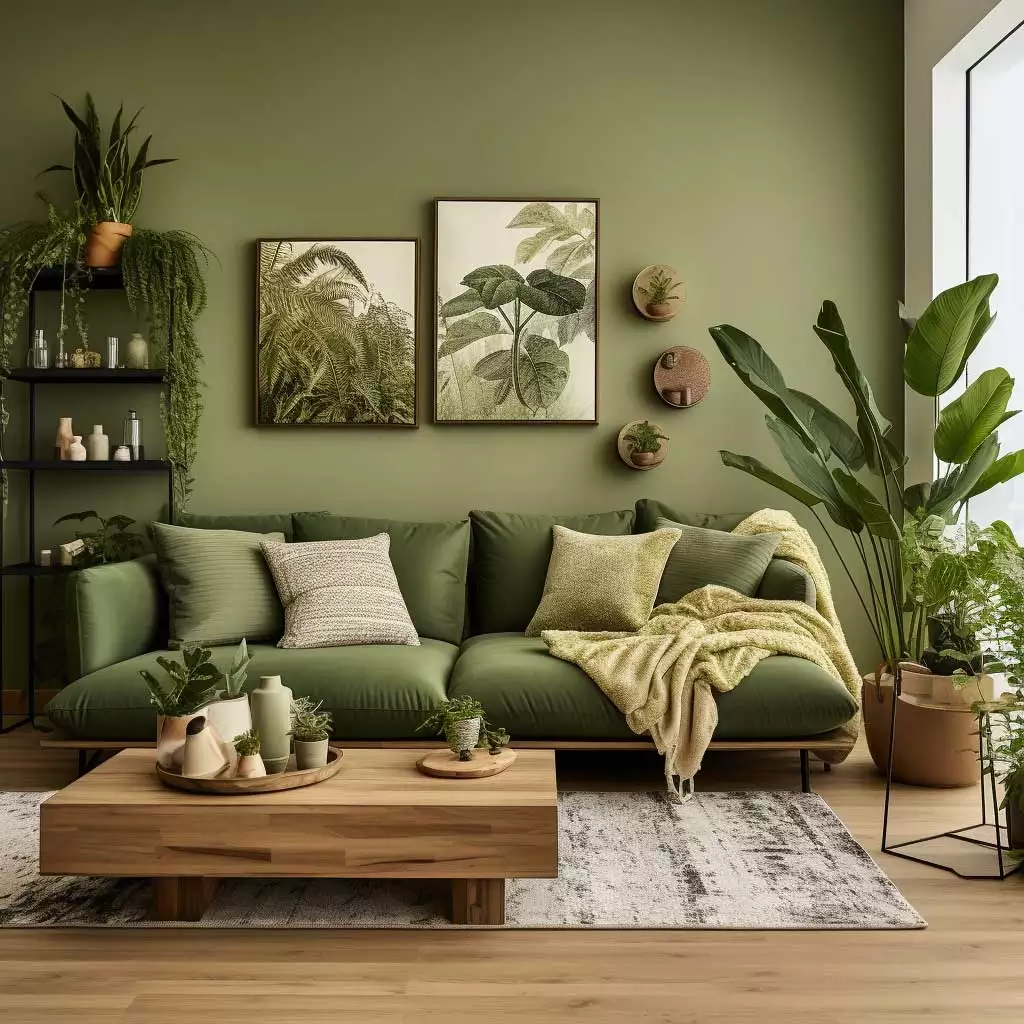Olive green walls behind a plant-filled sofa and wood coffee table