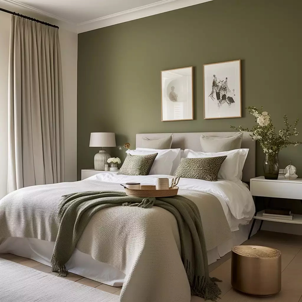 Olive green walls in a cream bedroom with white bedding and twin framed prints