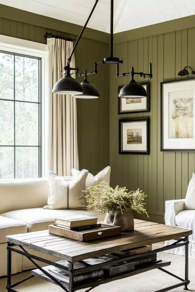 Olive green walls with shiplap, a cream sofa, and black industrial lights