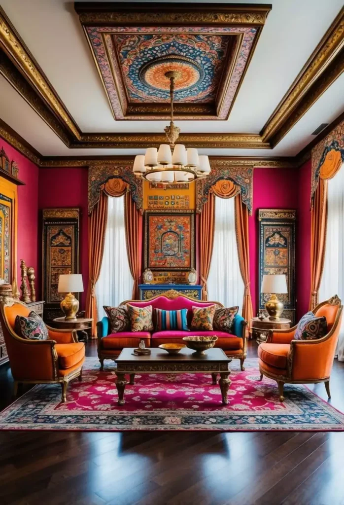 Opulent pink and gold living room with framed miniature paintings as Indian wall decor beneath an ornate ceiling mural