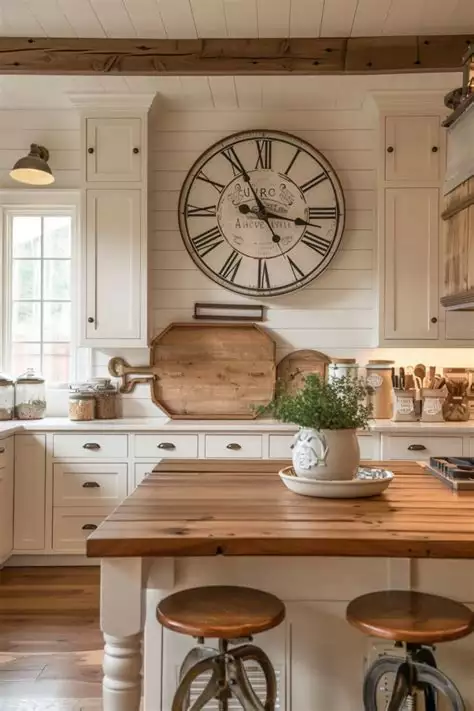 Oversized Roman numeral clock centered on a white shiplap kitchen wall