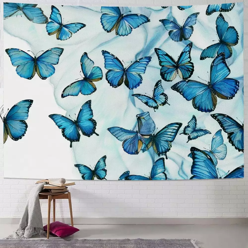 Oversized blue morphos printed across a tapestry-style Butterfly Wall hanging