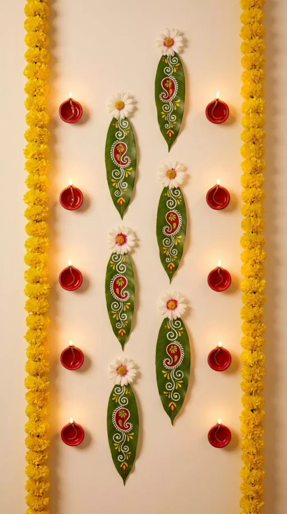 Painted leaf art with daisies and diyas laid out as festive Diwali-themed decor