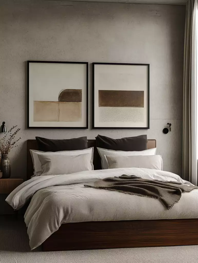 Pair of matching framed abstract prints as minimalist over the bed wall decor